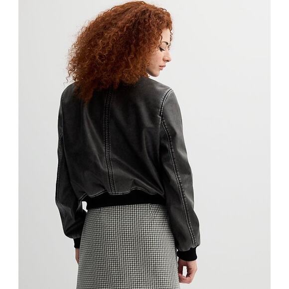 SO Faux Leather Bomber Jacket L Black Zip Front Vegan Moto Streetwear NWT edgy - Picture 3 of 10